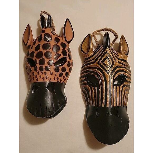 2 Vintage Ebony/Wood Carved African Kenya Zebra & Giraffe Masks, Wall Decor